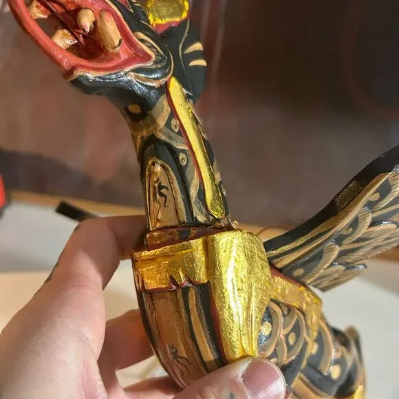 Vtg 90s 11.5" Dragon Naga Flying Hanging Green/Gold Handmade Wooden Bali Folkart - Picture 15 of 15
